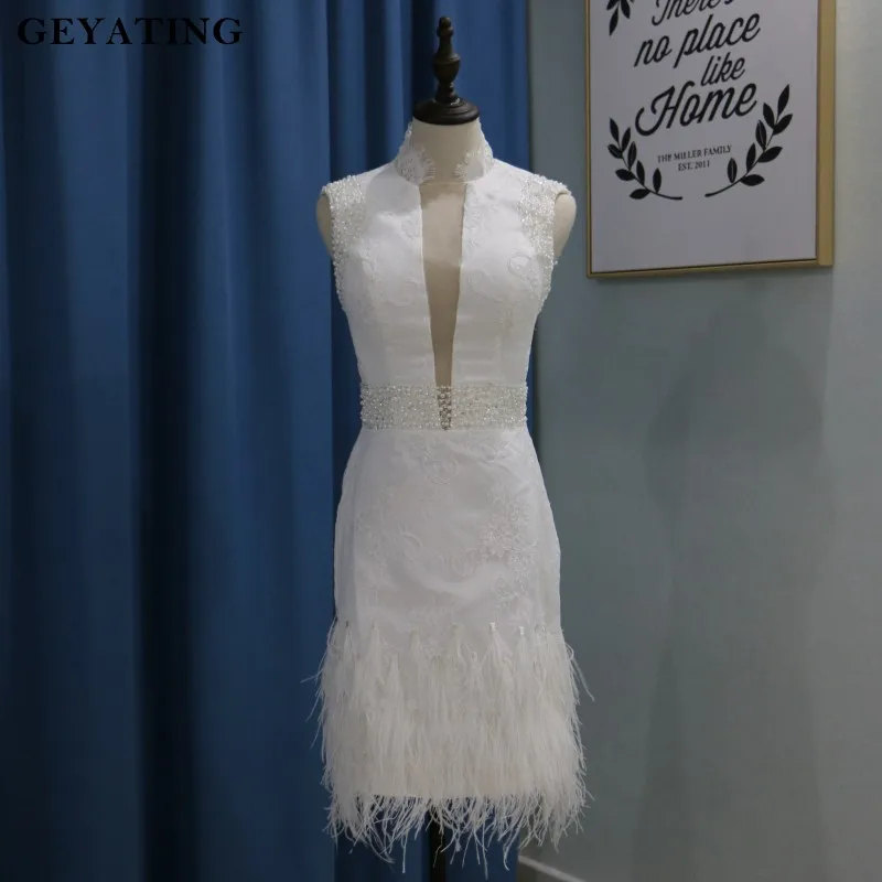

Vestido de coctel 2019 White Lace Short Cocktail Dresses for Party Sheer Plunging V-Neck Beaded Ostrich Feather Robe cocktail