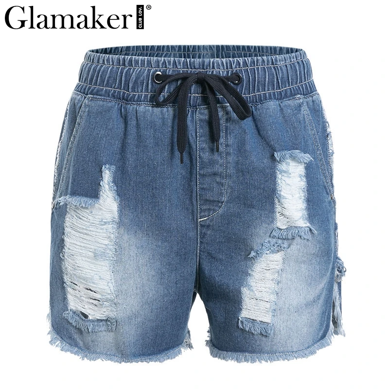 

Glamaker Denim lace up hole shorts women Sexy high waist pocket spring jeans shorts Female summer streetwear party casual shorts