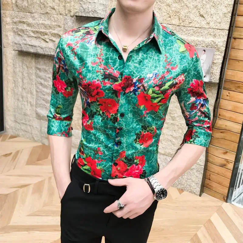 

Stage Shirt for Men Turn-down collar Half sleeve Floral Shirt Korean style Blouse Men Flowers Fashion Summer