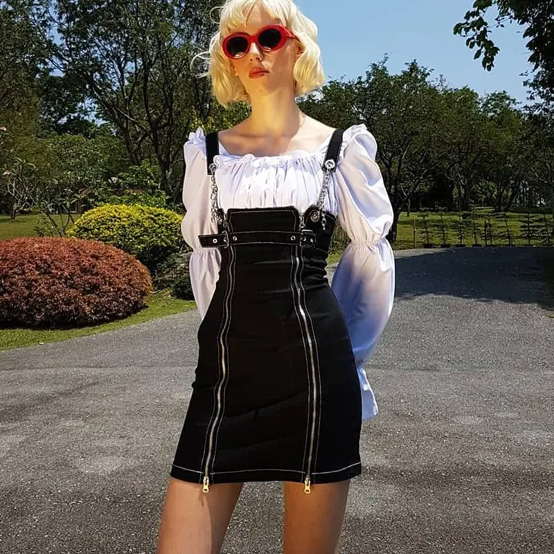 

Suspender Denim Bodycon Dress Women Summer 2019 Gothic Trend Punk Chain Zipper Streetwear Black Slim School Casual Short Dresses