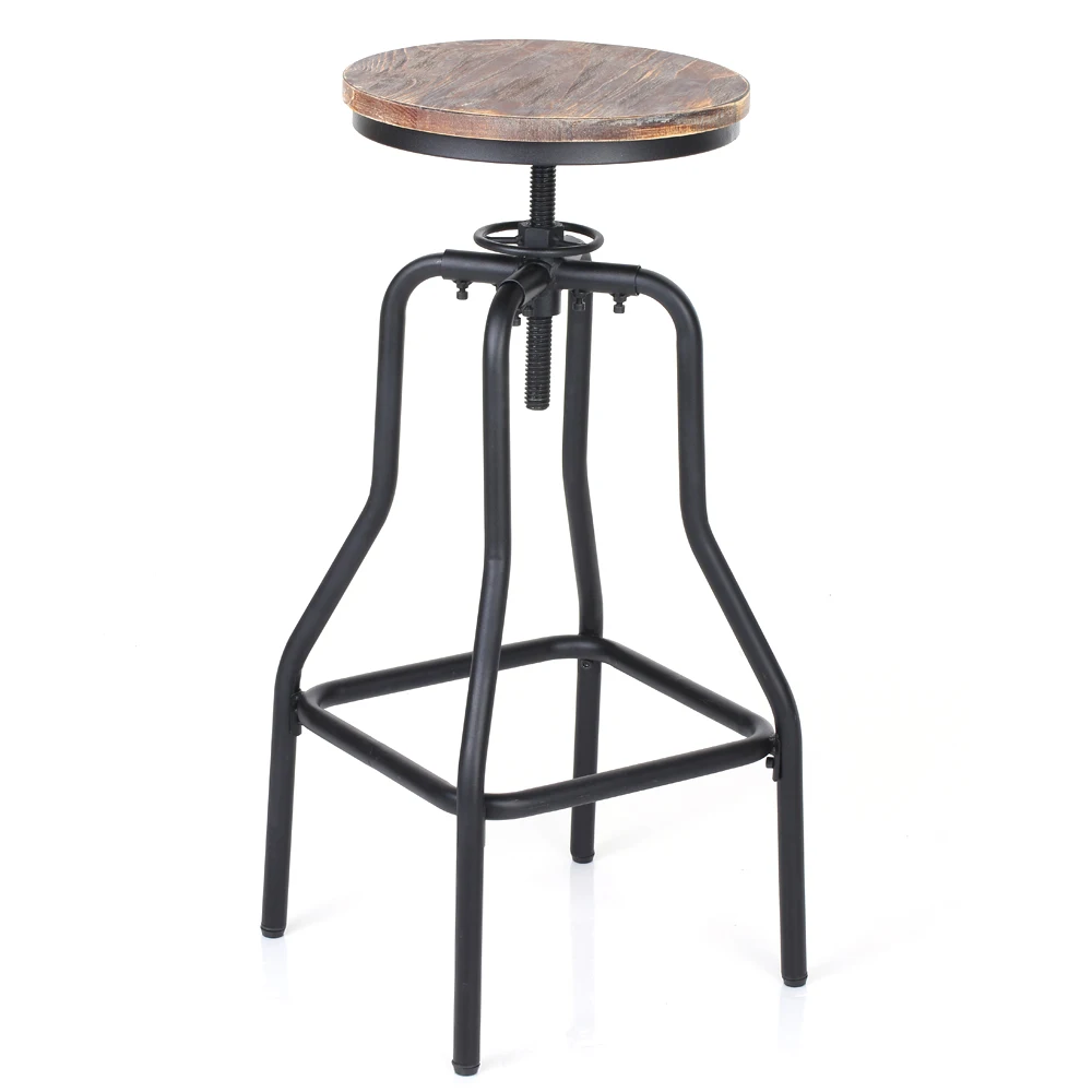 iKayaa Bar Stool Industrial Style Height Adjustable Swivel Bar Stool Natural Pinewood Top Kitchen Dining Breakfast Chair