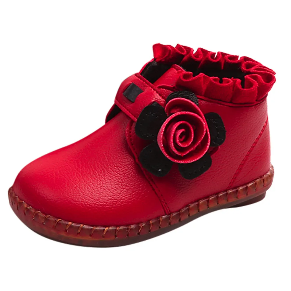 Детская Зимняя мода для девочек зимние ботинки теплые плюшевые мягкая подошва, детские ботинки для девочек кожаные зимние теплые сапоги для детей - Цвет: Red