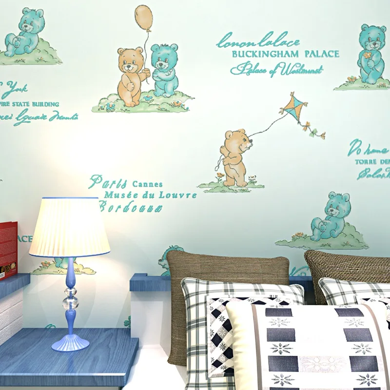 

Cute cartoon bear children's room wallpaper girl boy bedroom 3d pressed non-woven wallpaper children's playground home decor