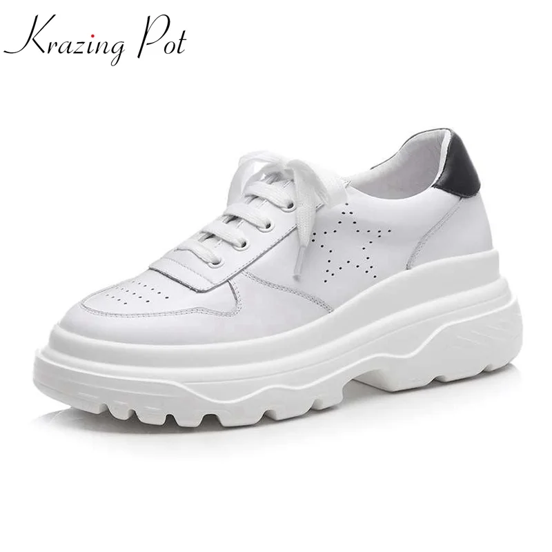

Krazing Pot genuine leather Internet Reds wedges platform white color sneakers round toe lace up reathable vulcanized shoes L1f1