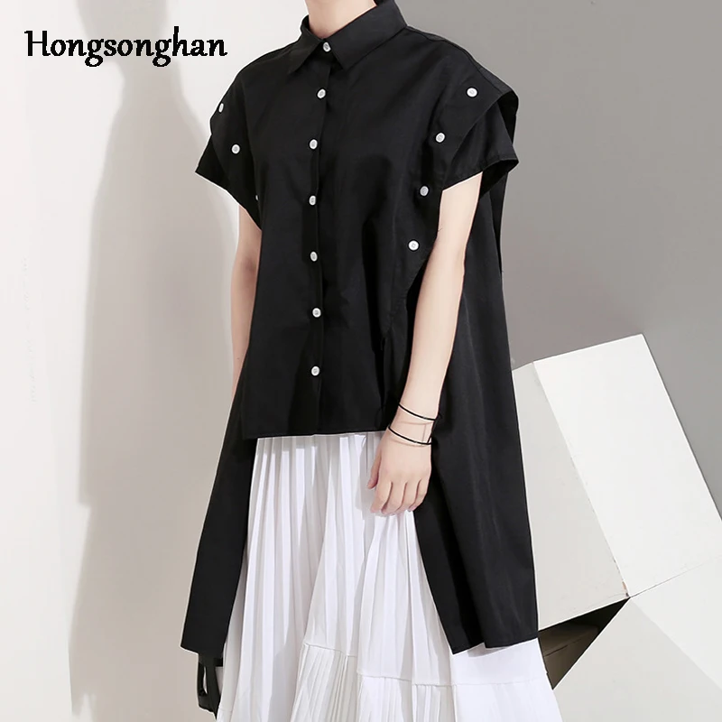 

Hongsonghan Women Tops Blouses Summer Elegant Short Sleeve Loose Blouse Female Irregular Spliced Layer Shirts Blouse Plus Size