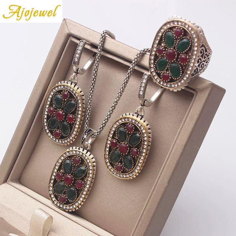 

Ajojewel Size 7 Luxury Turkish Vintage Jewelry Sets Necklace & Earrings & Ring Vintage Resin Crystal Red Green jewelry Bijuteria