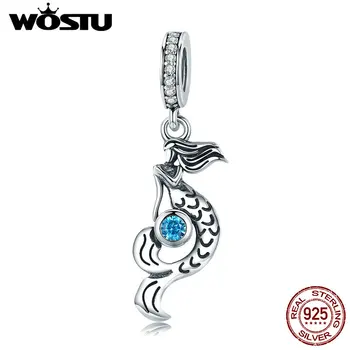 

WOSTU Authentic 925 Sterling Silver Original Mermaid Tear Sea Blue Crystal Stone Bead Charms Fit Bracelet Pendant Jewelry CQC824