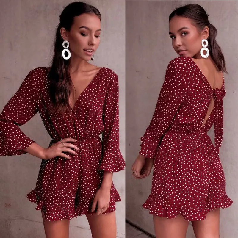 yinlinhe Red Polka Dot Playsuit Women Long Sleeve V neck Sexy Short Jumpsuit Summer Backless Lace Up Bow Boho Elegant Romper 1