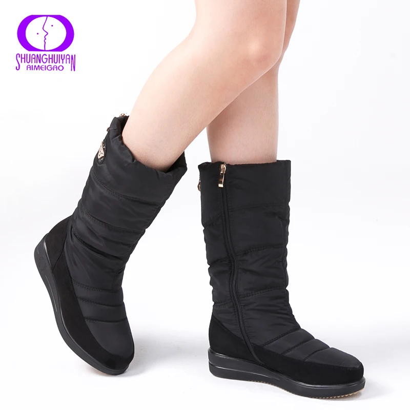 

AIMEIGAO New Arrival Warm Fur Snow Boots Women Plush Insole Waterproof Boots Platform Heels Mid-calf Black Boots High Quality