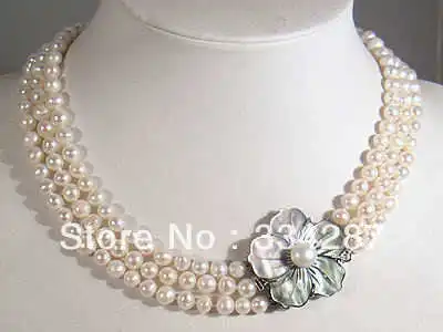 

3Rows 7-8mm White Akoya Pearl Necklace Shell Clasp