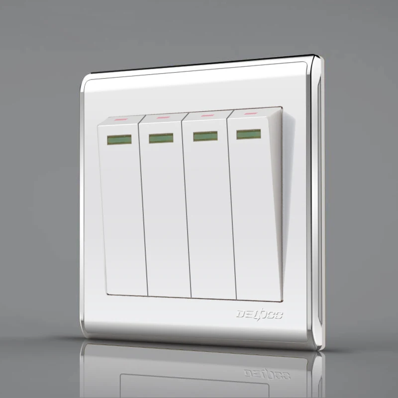 

Luxury Home Switch Socket Panel, 86-Type Wall Switch Bright Silver Porcelain White, Four Open Single-Control, 16A AC110-250V