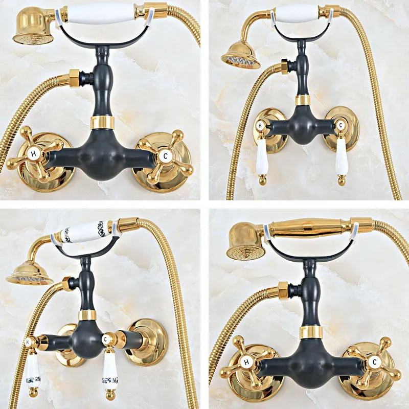 

Gold Color & Black Oil Rubbed Brass Dual Handles Wall Mounted Bathroom Clawfoot Bathtub Tub Faucet w/Hand Shower ana430 a