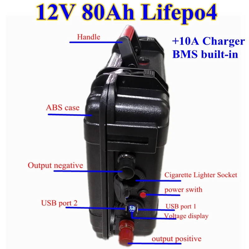 

Waterproof IP67 12v 80ah lifepo4 lithium battery with BMS USB port for navigation light solar sytem inverter +10A charger