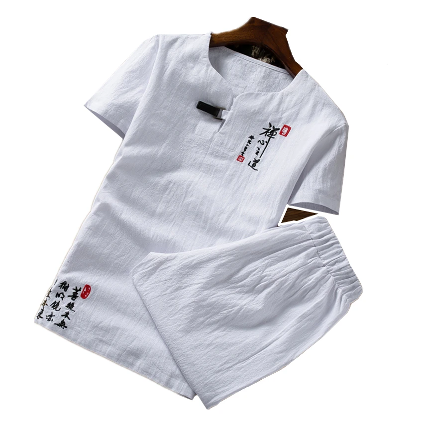  Summer Pure Color Chinese Style Retro Embroidery Men's Short-sleeved Suit 2 Pieces Sets Large Size 