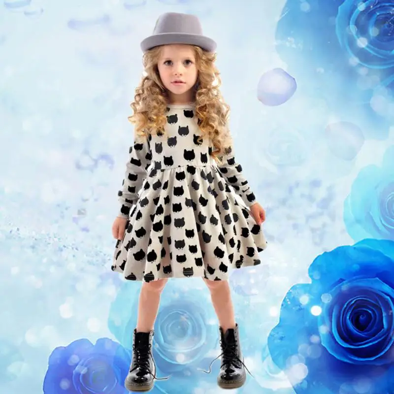 

Girls Cute Long Sleeve Black Cat Dotted Draped Cotton A-line Princess Dress