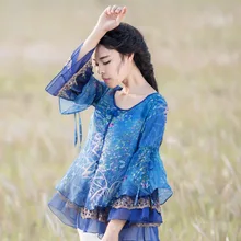 Woman Three Quarter Sleeve Tops 2017 Summer Original Ruffles Vintage Floral Chiffon Blouses All-match Casual Feminine Shirts