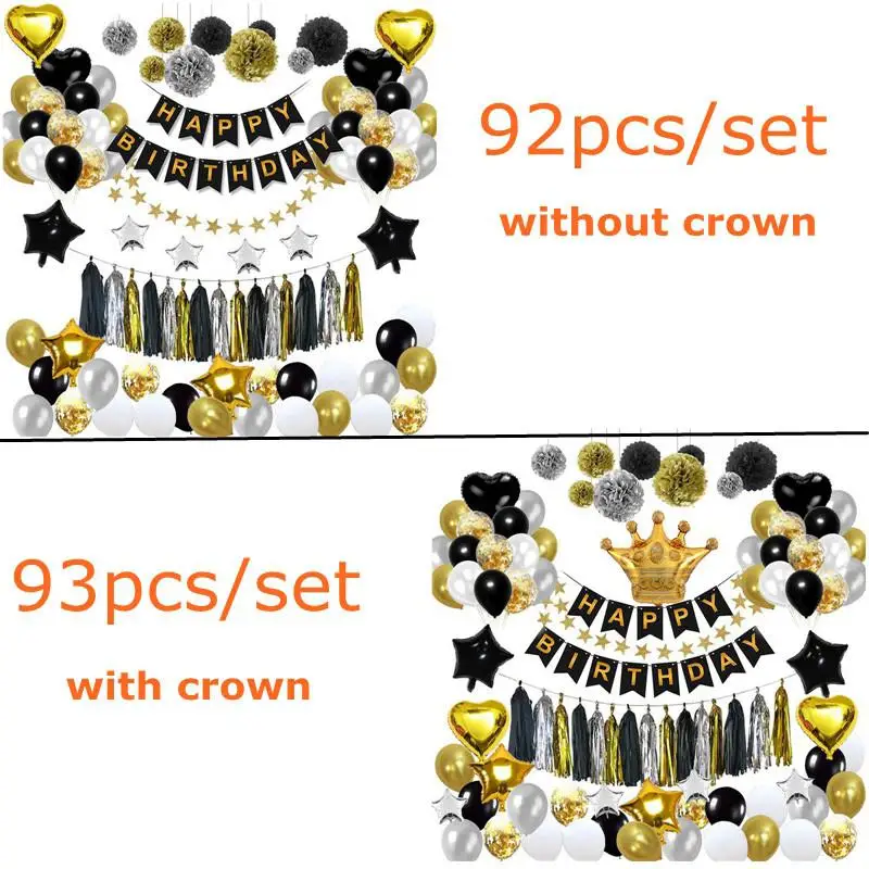 92pcs/lot Black Gold Series Party Decoration Balloon Set Happy Birthday Happy Birthday Tissue Paper Flower Birthday Supplies