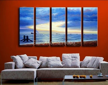 

Hand Painted Landscape 5 Panels Oil Painting Canvas Wall Decor Art Blue Sea And Sky Bright Vision Living Room Decoration Gift