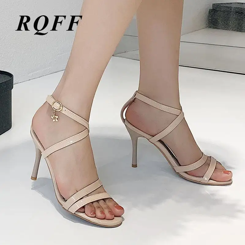 

RQFF Sandals For Women Basic Party Buckle Strap Solid Summer Shoes Woman Fashion Thin Heel 9cm High Heels White Black Beige