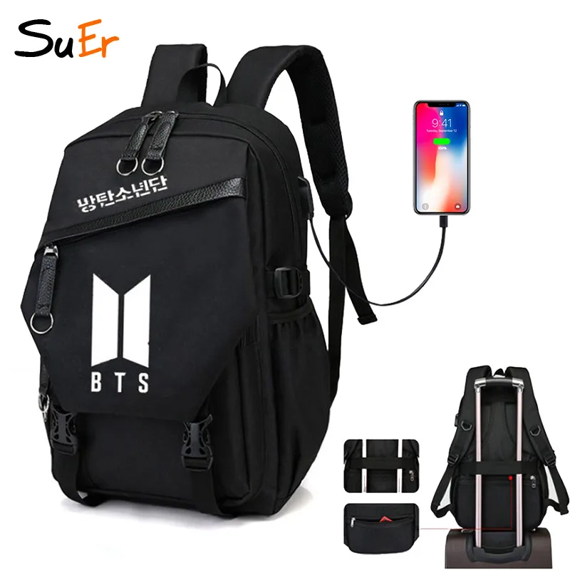 

2019 New kpop BTS Backpack School Bags for male and female students bags canvas travel backpack USB Charge computer Laptop bag