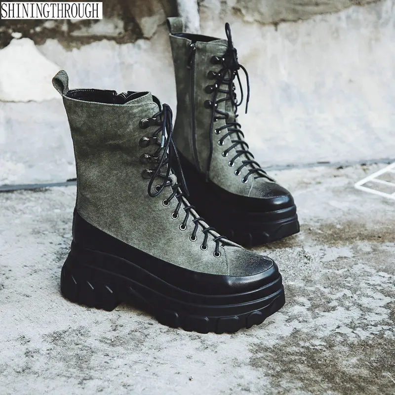 

Autumn Winter flat platform women Boots Women's Ankle Boots real Leather Motorcycle Boots Female Lace-up Non-slip Waterproof