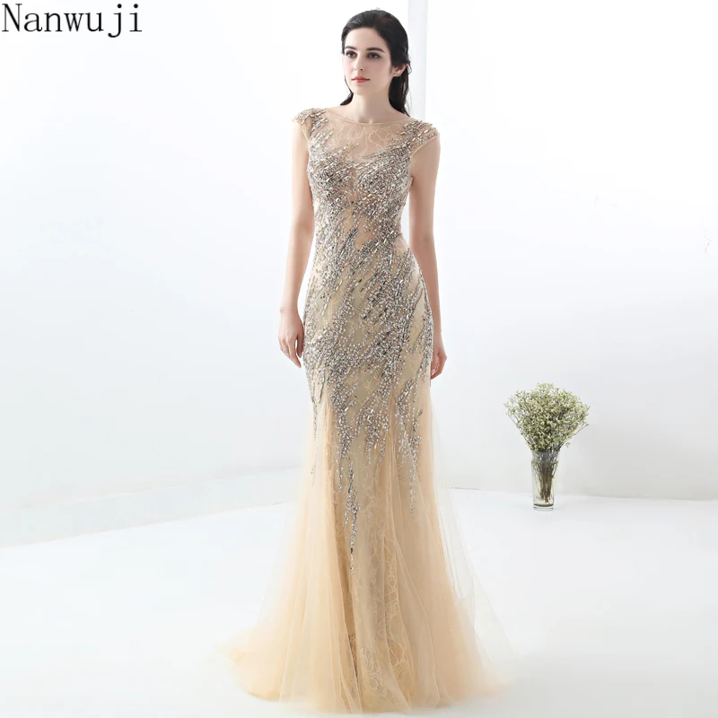

Luxury Off-Shoulder Mermaid Evening Dresses In stock Sweep Train Beading Crystal Evening Gown Robe De Soiree Prom dress