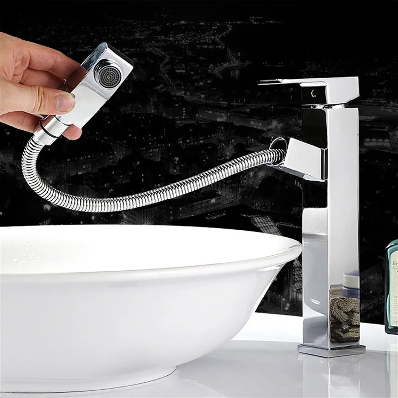

Chrome Brass Pull Out Basin Faucet Square Basin Mixer Lead-free Bathroom Basin Sink Tap torneira cozinha