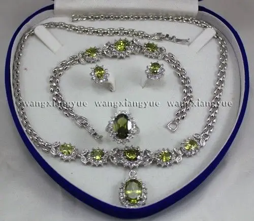 

hot sell new - shipping Charming!Peridot Inlay Link Bracelet earrings Ring Necklace Set (A0425)