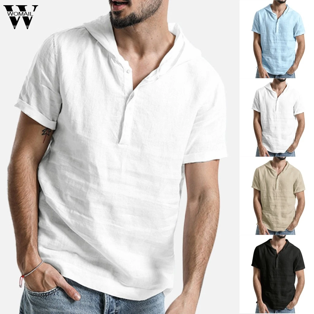 

Womail Polo Shirt Men Summer Baggy Cotton Linen Solid Short Sleeve Hooded Shirts Slim Gift High Quantity polo men NEW 2019 A17