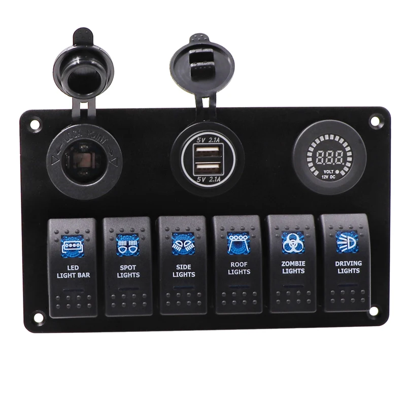 

12-24V ABS RV Boat LED Rocker Switch Panel Dual USB Port Circuit Breaker 6 Gang Control Switch Panel for BMW E46 Audi Auto
