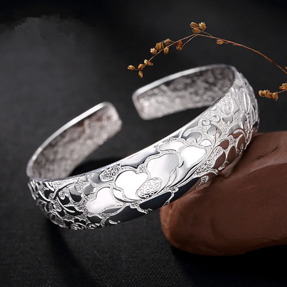 

S999 Pure Silver Vintage Lotus Ladies Bracelet Open Adjustable Bracelet Sterling Silver Jewelry Good Gift