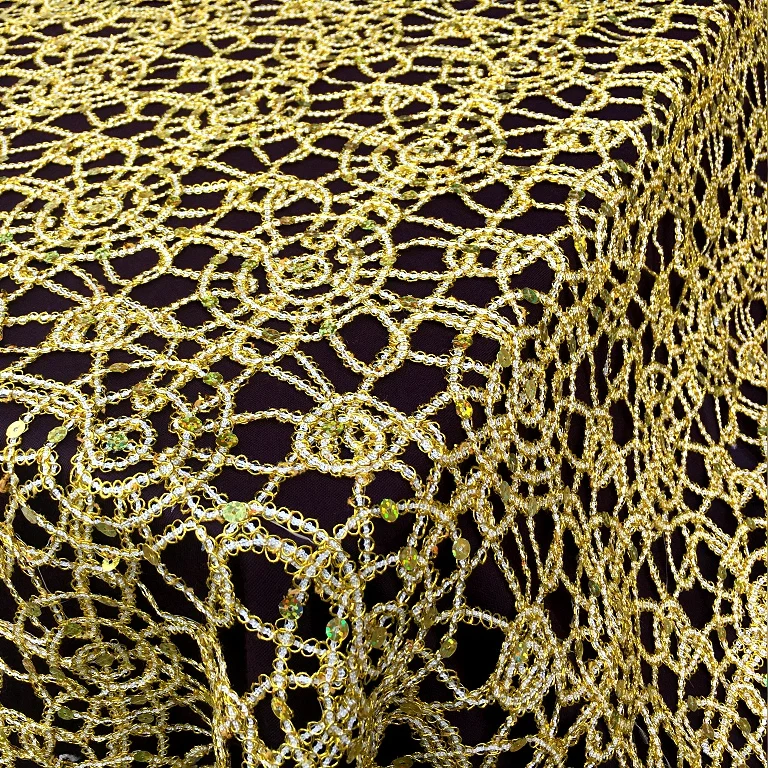 

High quality Hollow lace fabric Gold and silver Beads sequins embroidery fabric Transparent mesh fabric for dress DIY patchwork