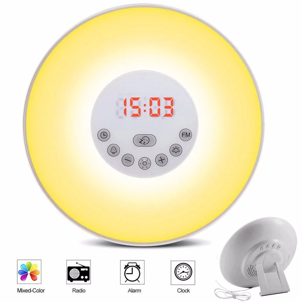 

Wake-up Light Sunrise Alarm Clock LED FM Radio Bedside Night Lamp Touch Sensor Digital Time Display Desktop Beside Night Light