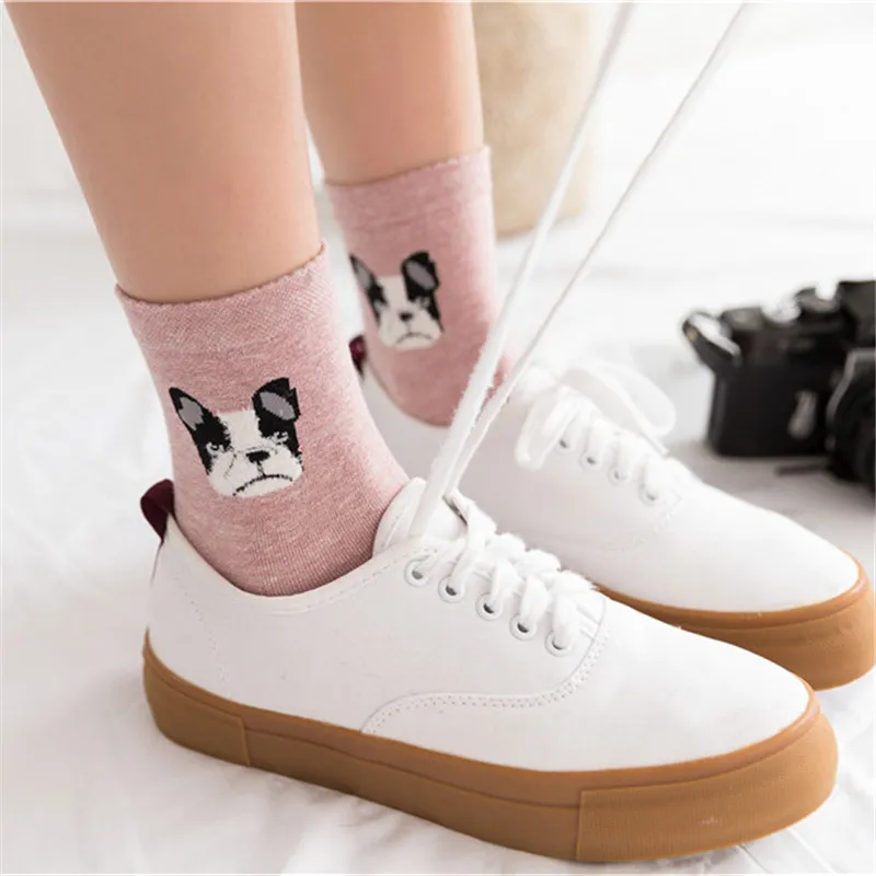 

5 Pairs Cute Girls French Bulldog Pug Short Socks Winter Autumn Women Sweet Color Dog Pattern Cotton Sock Wholesale