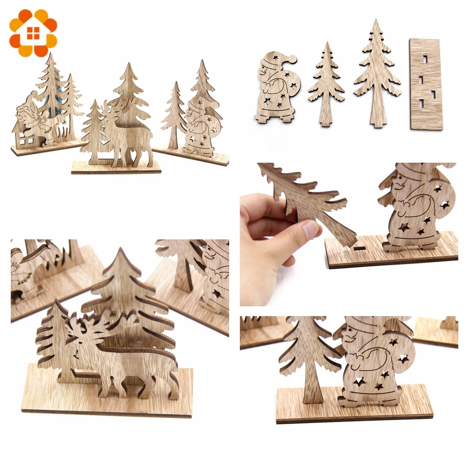 1Set Creative DIY Wood Crafts Christmas Santa Claus&Snowman Wooden Ornaments For Christmas Party Supplies Home Table Decorations