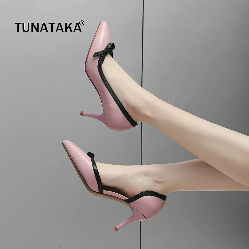 

Genuine Leather Thin High Heel Pointed Toe Tow Piece Woman Pumps Fashion Bow Knot Dress Lazy Shoes Woman Pink White