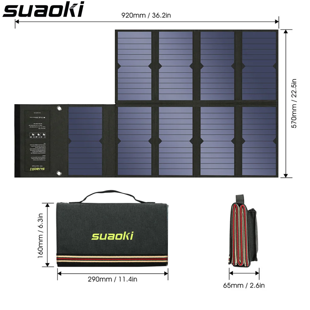 5V USB + 18V DC Dual Output Mono-Crystalline Portable Folding Solar Panel with Battery Clamps and Car Charger for Laptop Tablet GPS Cellphone Car SUAOKI 60W Solar Charger 