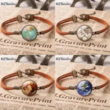 Горячая распродажа винтажный кожаный браслет Планета Земля Карта мира браслеты художественный стеклянный купол браслет ювелирные изделия регулируемый браслет