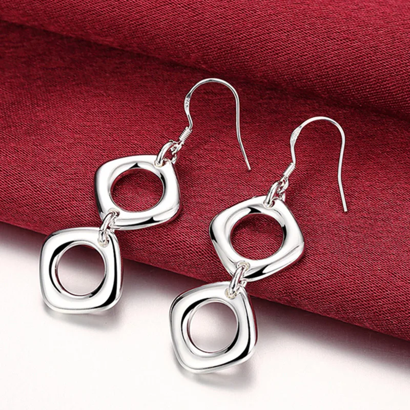 Real 925 Sterling Silver Square/Circle Earrings Women Fine Jewelry Drop