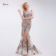 Finove Appliques Evening Dresses Sexy See-Through Tulle Elegant Mermaid Floor-Length 2016 New Champagne Sleeveless Dresses