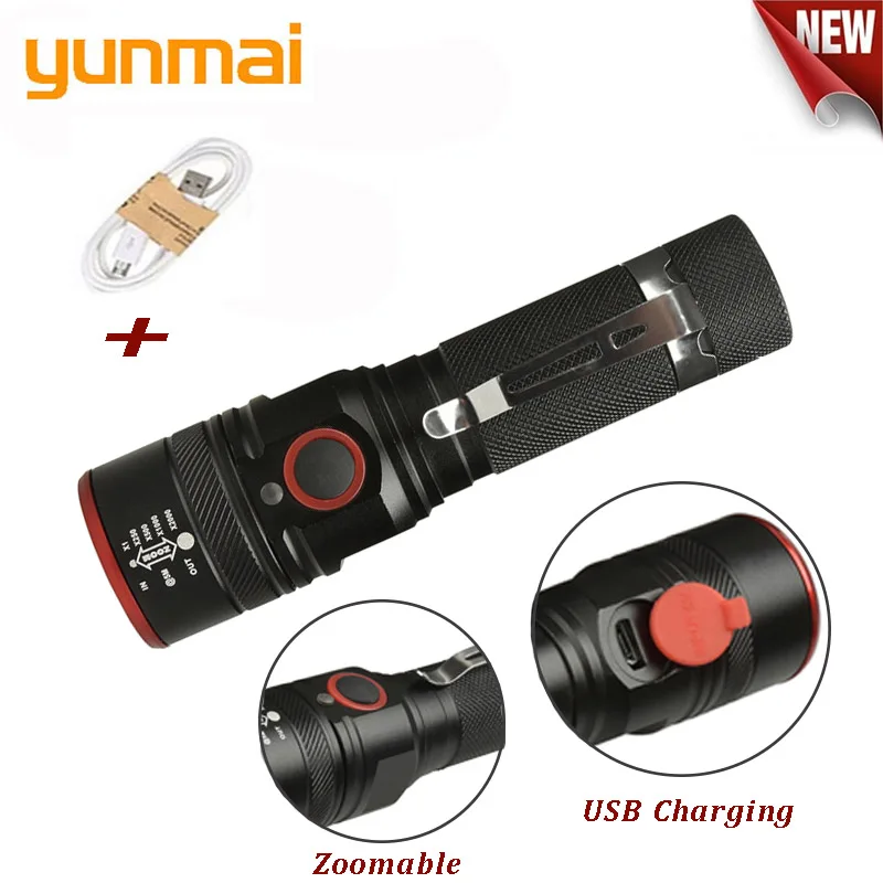 

NEW USB Rechargeable Flashlight T6 Led Flash light Zoomable 3 modes torch for 18650 with USB cable Camping fishing running