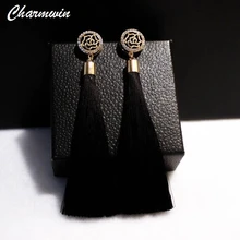 Charmwin Fashion Brand Camellia Earrings Exaggerated Vintage Rhinestone Crystal Long Tassel Dangle Earrings For Women