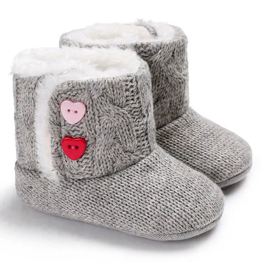Серые теплые детские ботинки для девочек милая детская зимняя обувь с пуговицами в форме сердца вязаные хлопковые детские ботиночки обувь для девочек - Цвет: Gray