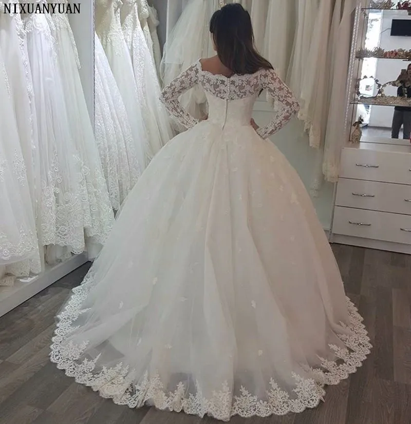 Elegant-Long-Sleeve-Lace-Ball-Gown-Tulle-Floor-Length-Bride-Wedding-Dresses-Vestidos-De-Noiva-Custom (1)