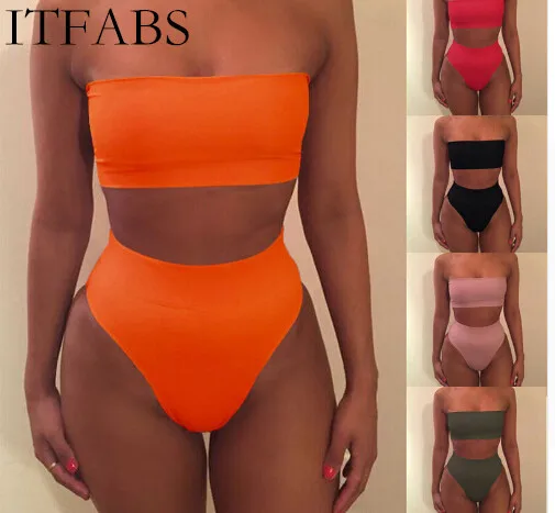 

ITFABS 2018 New Bikini Strapless Swimwear Women Solid 6 Color Swimsuit $4.27Per Piece New Item Sexy Off Shoulder Bathing Suit