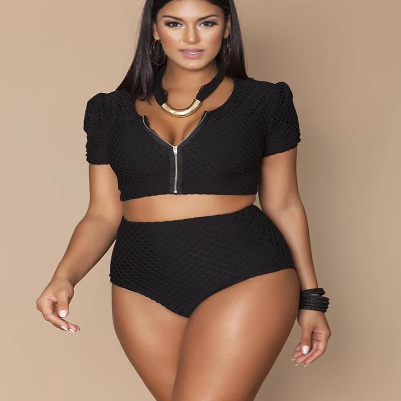 

Women Swimsuit Plus Size Bikini 2019 Mujer Solid Short Sleeve Push Up Bikini Set 4XL Swimwear Women Zipper High Waist Bikini