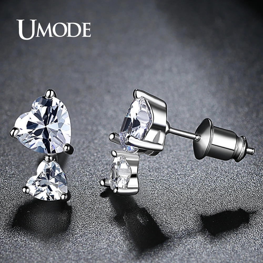 UMODE Trendy Fashion Wedding Jewelry Double Hearts CZ Crystal Stud Earrings for Women Love Gift Boucle D'Oreille Femme AUE0336
