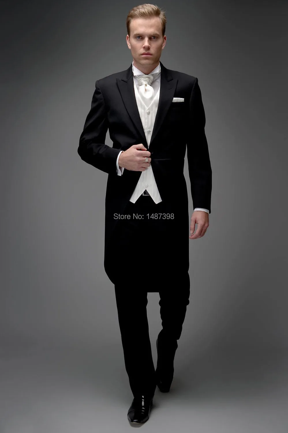 MYS Mens Custom Made Wool 1 Button Peak Lapel Wedding Tuxedo Suit Pants Set Black