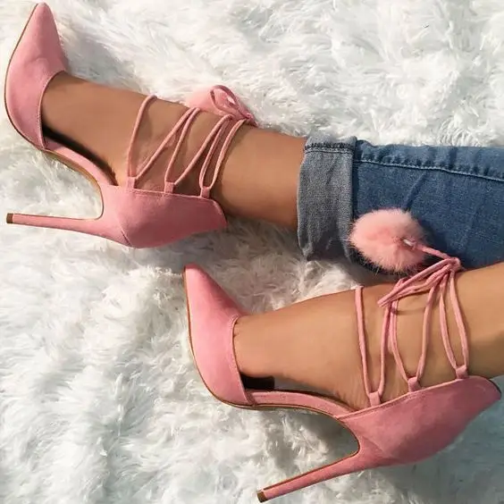 

Girls Sweety Pink Suede Lace-up Sandals 2018 Fur Ball Embellished Pointed Toe Woman Pumps Stiletto High Heels Dress Shoes Lady