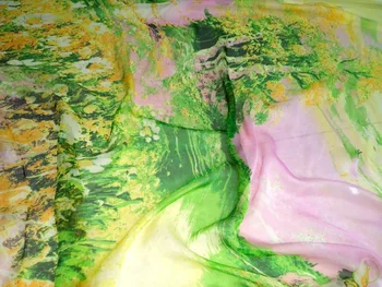 

Designer 8mm 100% natural mulberry silk chiffon fabric green flowers Straw hat girl prints shirt clothes decoration scarf 138cm